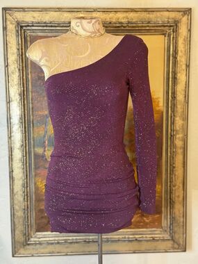 Guess by Marciano "Aria" One-Sleeve Purple Glitter Tiger Y2K Mini Dress - XS